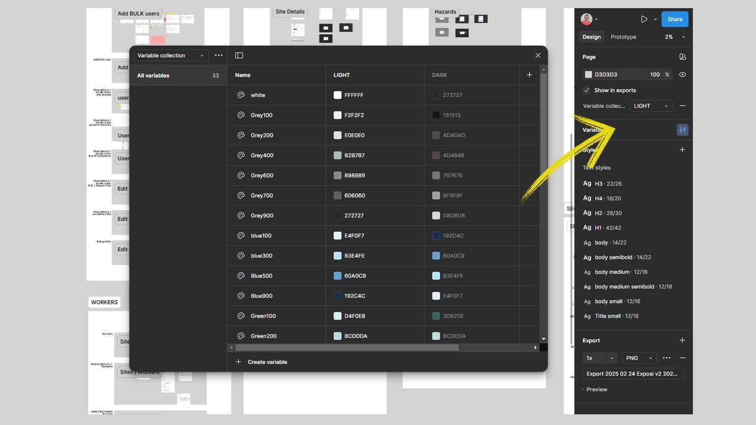 Figma variable switch toggling light and dark mode across all screens